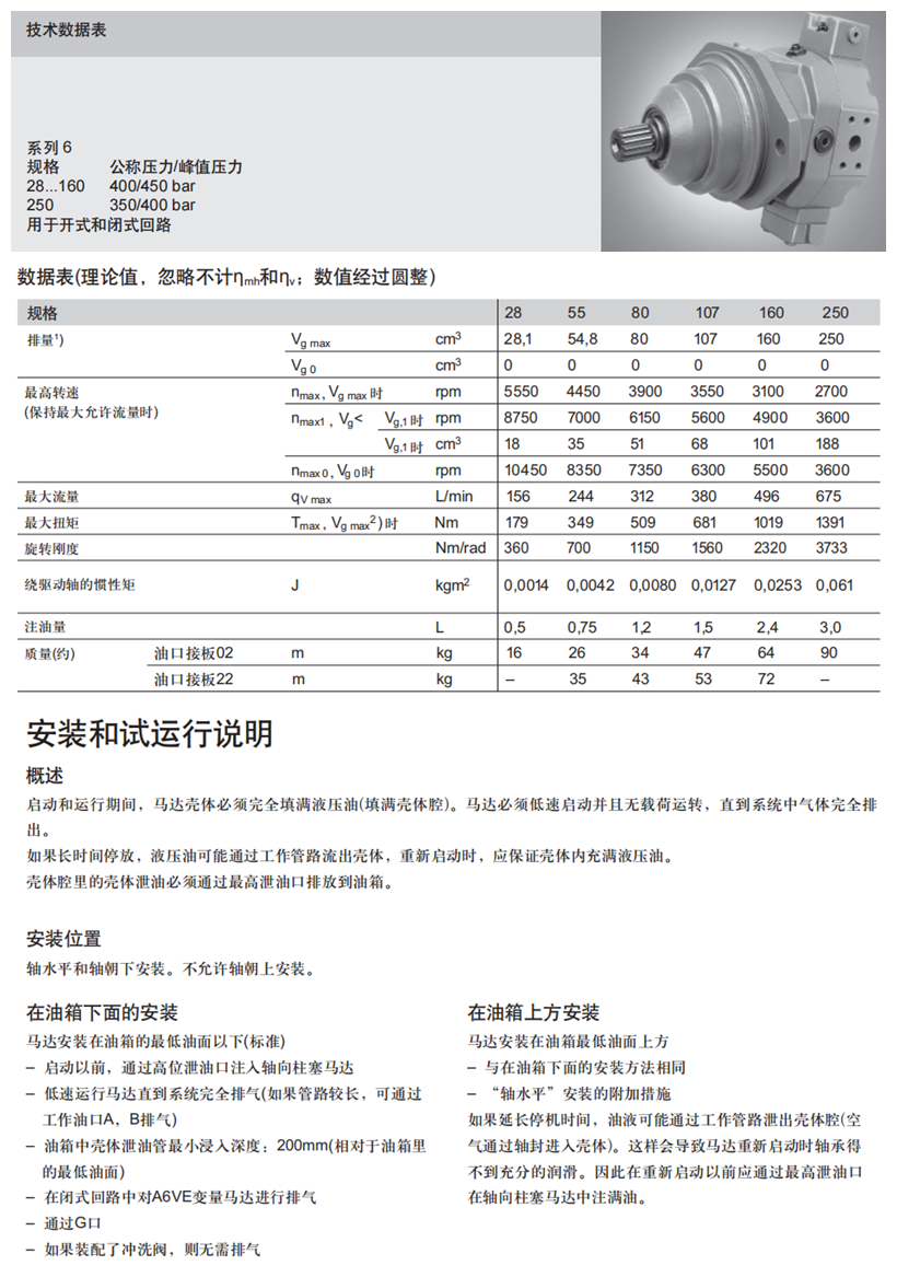 力士樂(lè)A6VE馬達(dá)技術(shù)參數(shù)